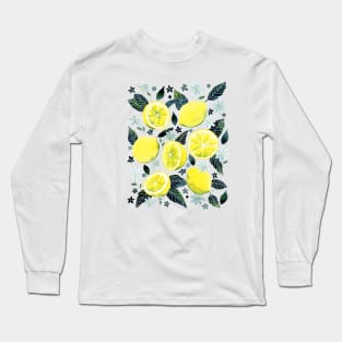 Watercolor Lemons Pattern - Blue Long Sleeve T-Shirt